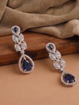 Estele - Rhodium Blue CZ Halo Drop Earrings