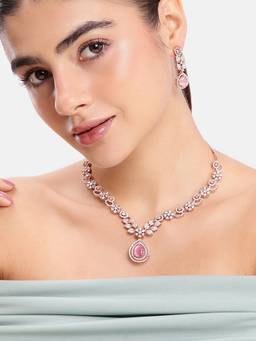 Estele - Rose Gold Mint Pink CZ Blossom Curve Necklace with Earrings
