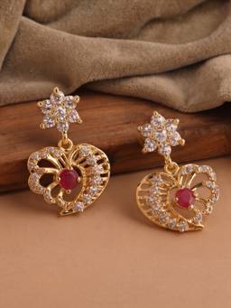 Estele - Gold Ruby CZ Heart Spark Floral Earrings