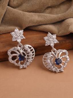 Estele - Rhodium Blue CZ Floral Heart Drop Earrings
