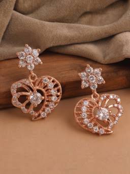 Estele - Rosegold CZ Floral Heart Drop Earrings