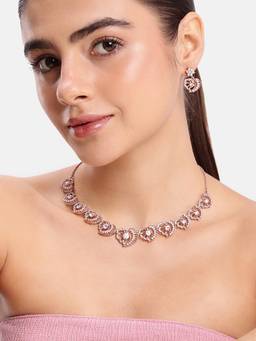 Estele - Rosegold White CZ Floral Heart Necklace with Earrings