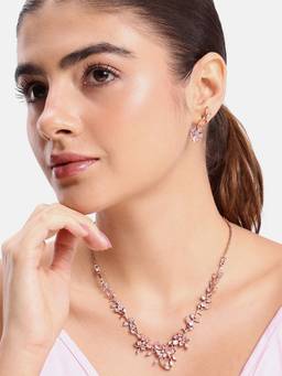 Estele - Rosegold Mint Pink CZ Meadow Curve Necklace with Earrings