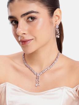 Estele - Rosegold Tone White CZ Leaf Drop Necklace with Earrings with Earrings