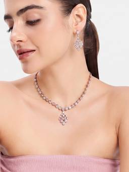 Estele - Rosegold Finish White CZ Classic Pendant Necklace with Earrings