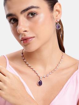 Estele - Purple CZ Elegant Pendant Necklace with Earrings