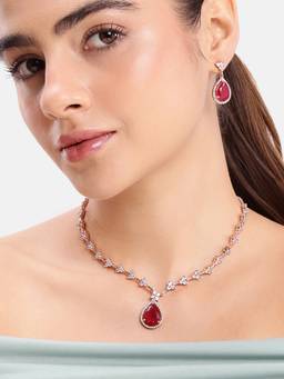 Estele - Rosegold Finish Ruby CZ Necklace and Earrings