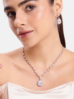 Estele - Rosegold Tone White CZ Teardrop Necklace with Earrings