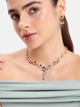 Estele - Multicolor CZ Statement Floral Necklace with Earrings
