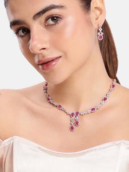 Estele - Rose Gold-Finish Ruby CZ Modern Link Necklace with Earrings
