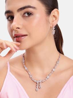 Estele - Rose Gold-Finish White CZ Contemporary Necklace with Earrings
