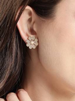 Carlton London - Gold Plated Pearl Textured Blossom Flower Stud Earrings
