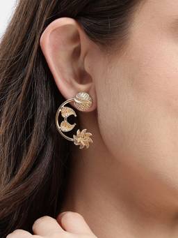 Carlton London - Gold Plated Textured Crescent Moon Drop Floral Earrings