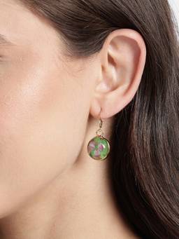 Carlton London - Gold Plated Artistic Dangling Green Enamel Floral Hoop Earring