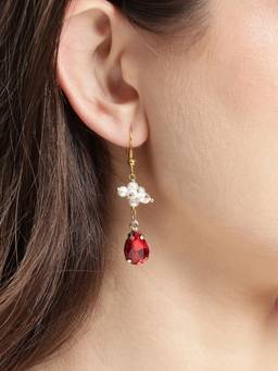 Carlton London - Gold Plated Pearl and Dangling Red Crystal Teardrop Earring