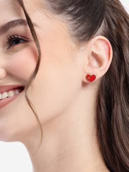 Carlton London - 18kt Gold Plated Mini Red Enamel Heart Stud Earring