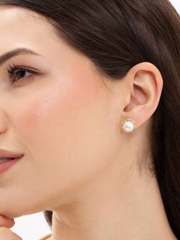 Carlton London - Gold Plated Braided Edged Bold Pearl Stud Earring