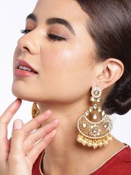 Carlton London - Gold Plated Polki Kundan Studded Chandbali with Pearl Drop Earring
