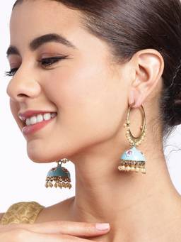 Carlton London - Gold Plated Enamel Meenakari Jhumka Earrings with Pearl Drops