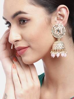 Carlton London - Gold Plated Kundan Studded Dome Jhumka Earring with Pink Bead Drops