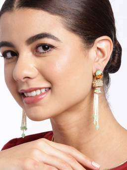 Carlton London - Gold Plated Enamel Green Stone and Pearl Tassel Drop Earring