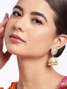 Carlton London - Gold Plated Kundan and Pearl Peach Enamel Dome Jhumka Earring