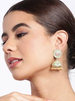 Carlton London - Gold Plated Kundan and Pearl Green Enamel Floral Dome Jhumka Earring