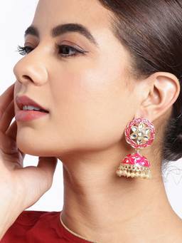 Carlton London - Gold Plated Kundan and Red Meenakari Jhumka Earrings with Pearl Drops