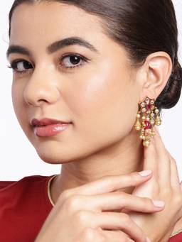 Carlton London - Gold Plated Kundan Traditional Chandelier Earrings with Pearl Drops