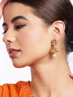 Carlton London - Gold Plated Temple and Laxmi Pearl Dome Jhumka Earring