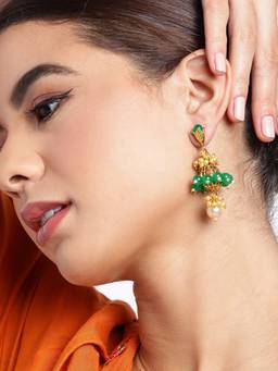 Carlton London - Gold Plated Ethnic Statement Earrings with Pearl and Green Beads