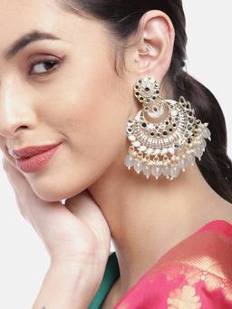 Carlton London - Gold Plated Kundan Layered Chandbali Earrings with Teardrop Bead Drops