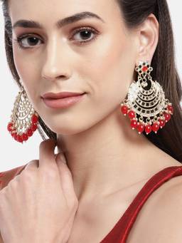Carlton London - Gold Plated Mirror-Detail Layered Chandbali Earrings with Red Bead Drops