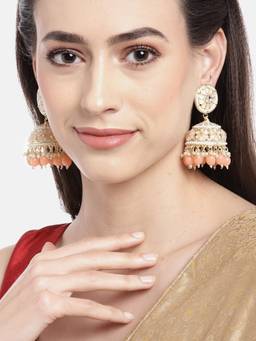 Carlton London - Gold Plated Kundan Lattice Jhumka Earrings with Peach Teardrop Bead Drops