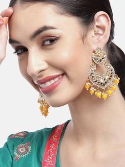 Carlton London - Gold Plated Mirror-Detail Chandbali Earrings with Yellow Bead Drops