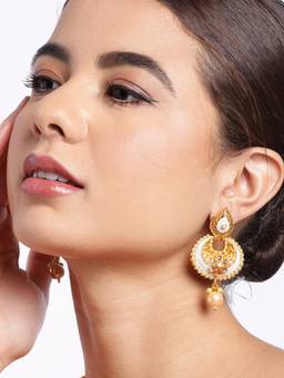 Carlton London - Gold Plated Kundan Teardrop and Filigree Dangler Jhumka Earrings with Pearl Drop