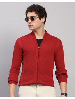 Monte Carlo - Men Regular Fit Self Designed Winter Maroon Sweater