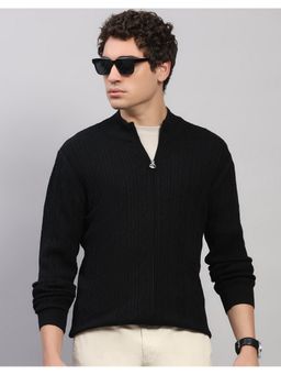 Monte Carlo - Men Regular Fit Self Designed Winter Black Sweater