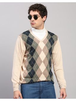 Monte Carlo - Men Regular Fit Printed V Neck Winter Tan Sweater