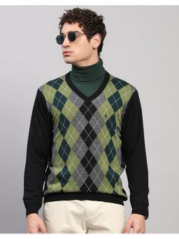 Monte Carlo - Men Regular Fit Printed V Neck Winter Black Sweater