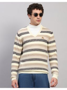 Monte Carlo - Men Regular Fit Jacquard V Neck Winter Off White Sweater
