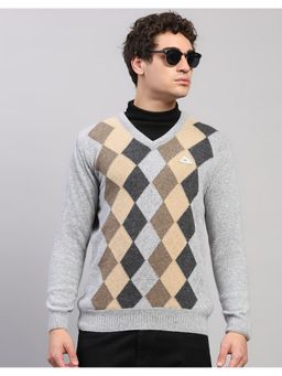 Monte Carlo - Men Regular Fit Printed V Neck Winter Grey Sweater