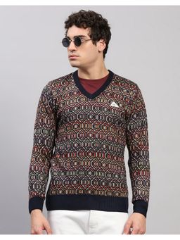 Monte Carlo - Men Regular Fit Printed V Neck Winter Multi-Color Sweater