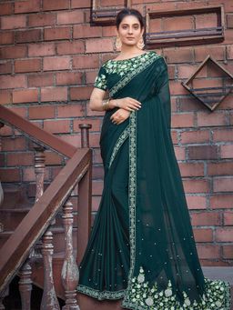 Odette - Green Colour Silk Georgette Embroidered Saree with Unstitched Blouse