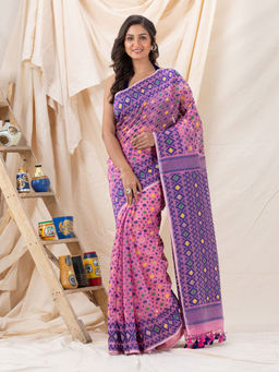 Angoshobha - Traditional Pink Soft Dhakai Jamdani Saree with Unstitched Blouse