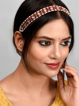 Silvermerc Designs - Gold Plated Red Stone Studded Meenakari Matha Patti