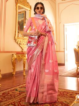 Akhilam - Womens Silk Blend Pink Woven Designer Saree with Unstitched Blouse