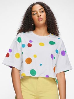 Bewakoof - Womens White Polka Dot Boxy Fit T-Shirt