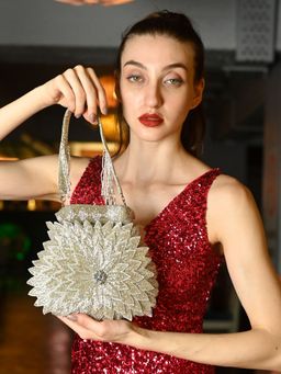 Odette - Silver Cutdana Embellished Clutch Bag for Women