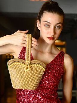 Odette - Golden Pearls Embroidered Structured Clutch for Women